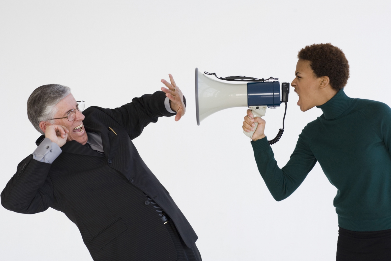 woman yelling at business person