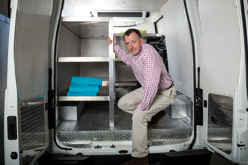 Jerry Shevick's company uses a refrigerated van to pick up dead animals from veterinary hospitals and transport them to Peaceful Pets Aquamation for processing.