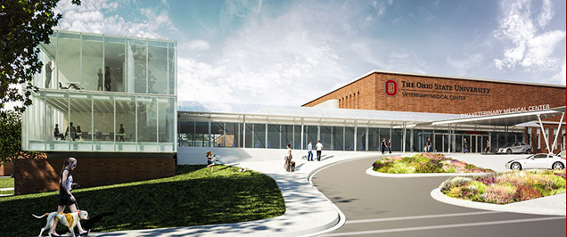 An exterior view of the planned Veterinary Medical Center at Ohio State University.