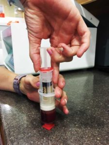 Blood is collected for platelet-rich plasma (PRP) therapy (left). Separating the PRP from the sample. PRP is injected into the patient. Photos courtesy Caledon Mountain Veterinary Hospital