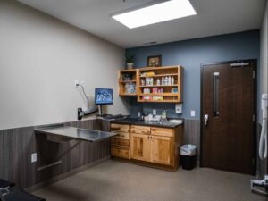 Dog and cat exam rooms are located at opposite sides of the clinic, helping to keep treatment areas species-specific.