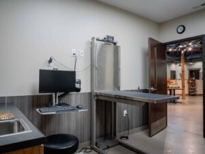 Dog and cat exam rooms are located at opposite sides of the clinic, helping to keep treatment areas species-specific.