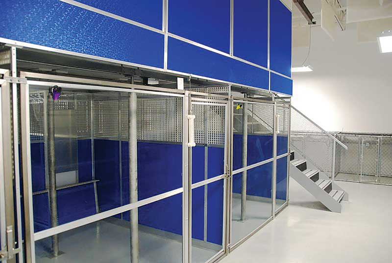 Double-deck systems provide two stories of kennels by using an above-floor system for the top runs. This configuration can be ideal in areas where land is expensive, making it more beneficial to expand up rather than out.