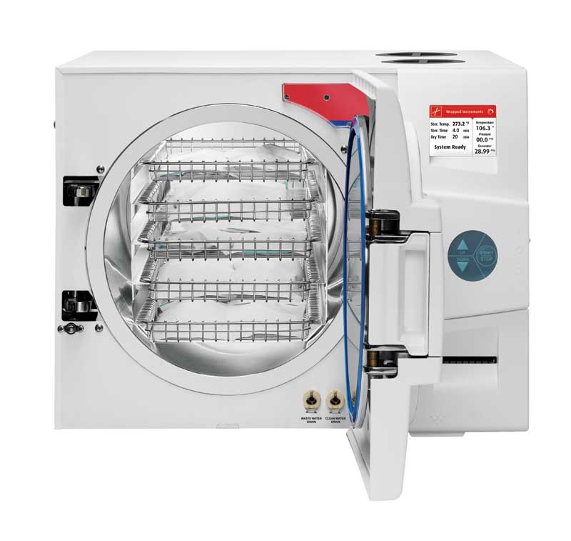 Steam sterilization using an autoclave is the preferred method for reprocessing instruments due to cost and environmental impact. Photo courtesy Tuttnauer USA