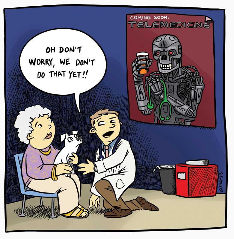 Telemedicine is difficult to define, and, as such, may be difficult to form specific clinical questions for investigation. How does it compare to being in the clinic? Are there benefits? Downsides? What is it like for the patients? For clients? Veterinarians? Even wearable devices are considered telemedicine, but currently, the field is largely undefined.