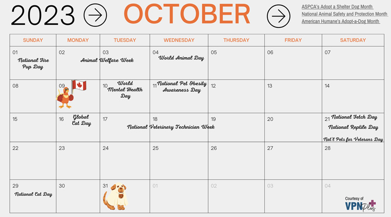 October pet- and vet-related calendar