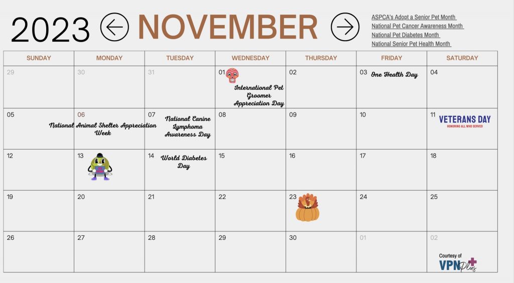 November pet- and vet-related calendar