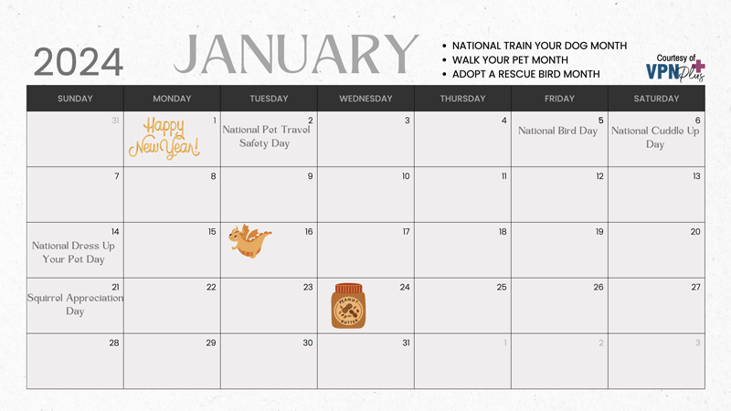 January pet- and vet-related calendar