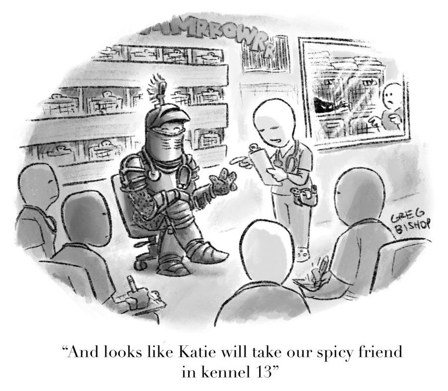 A black and white cartoon of veterinary professionals, where one is suited with what appears to be an armor. 