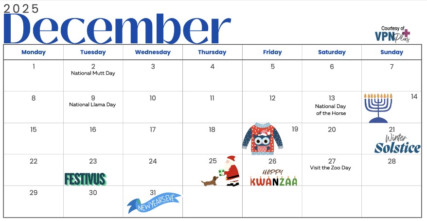 December pet- and vet-related calendar