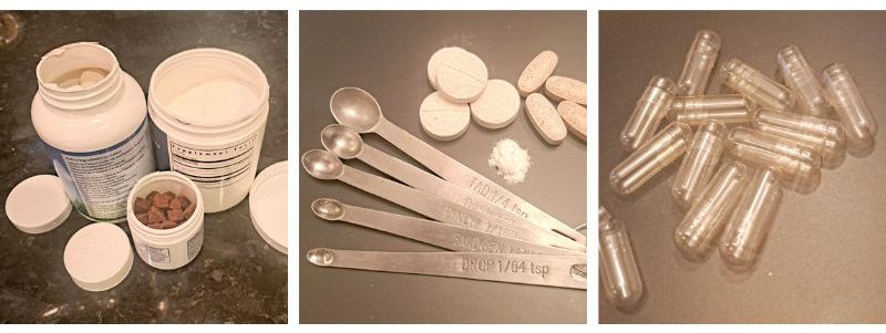 A collage showing photos of pet supplements in different forms and packaging.